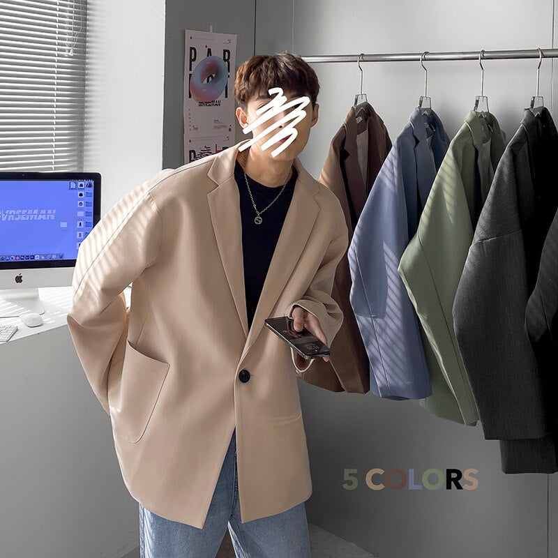 Korean-style Blazers Men Leisure Trendy Loose One Button Suit Jackets Male Daily Streetwear All-match Simple Suit-tops 5 Colors