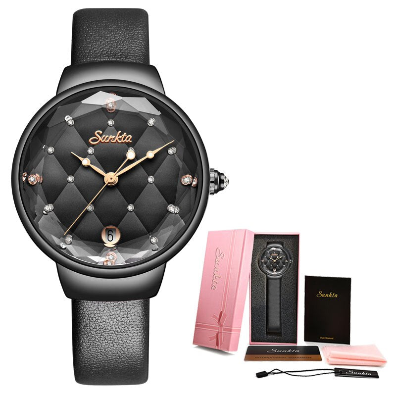 SUNKTA Women Watch Luxury Crystal Watch Women Waterproof Rose Gold Steel Strap Ladies WristWatches Top Brand Bracelet Clock+Box