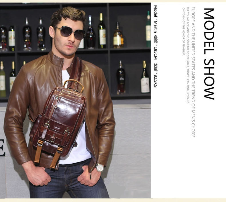 Genuine Leather Men&#39;s Bag Leather Backpack Men Chest Bag Small Casual Shoulder Bags Male Vintage Small Backpacks Cow Leather