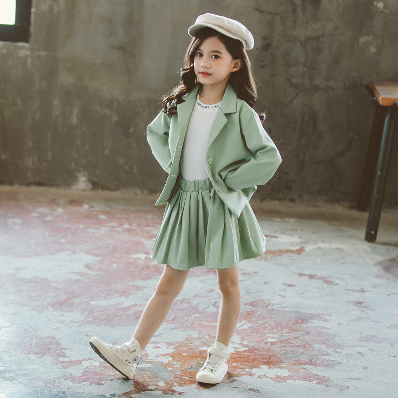 Girls Blazer Jackets Suit Children Kids Blazer+Pleated Skirt School Uniform 2Pcs Baby Spring Winter Suit Solid Color Clothes Set