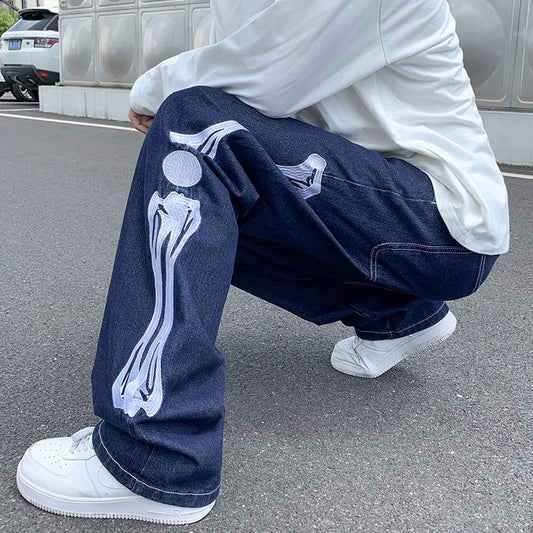 Straight Jean Pants Man Skeleton Embroidery  Mopping Trousers Mens Streetwear Denim Pants Men&#39;s Clothing Jeans for Men Man Baggy