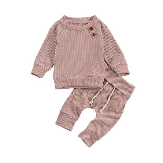 lioraitiin Newborn Baby 2-piece Outfit Set Long Sleeve Solid Color Top Pants Set for Baby Boys Girls Autumn Clothing Set