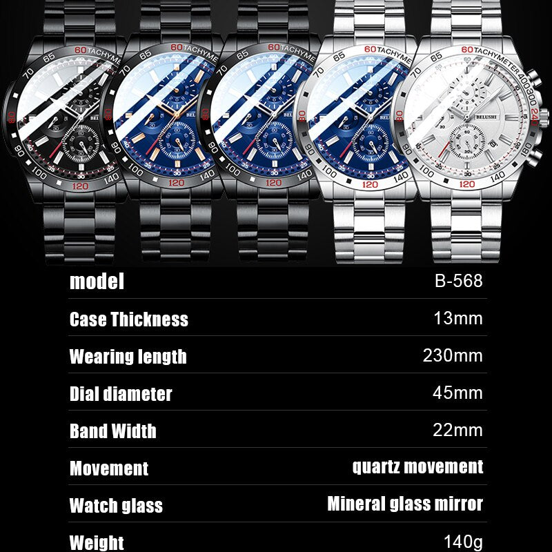 BELUSHI Top Brand Luxury Men Watch Fashion Sport Waterproof Quartz Watches Men Stainless Steel Chronograph New Relogio Masculino