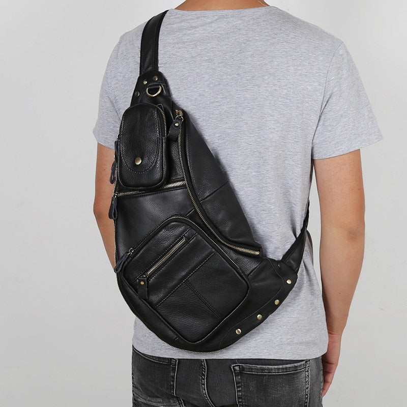 NZPJ Leather Men&#39;s Chest Bag Retro Top Layer Cowhide Casual Messenger Bag Korean Version Shoulder Bag Large-Capacity Sports Bag