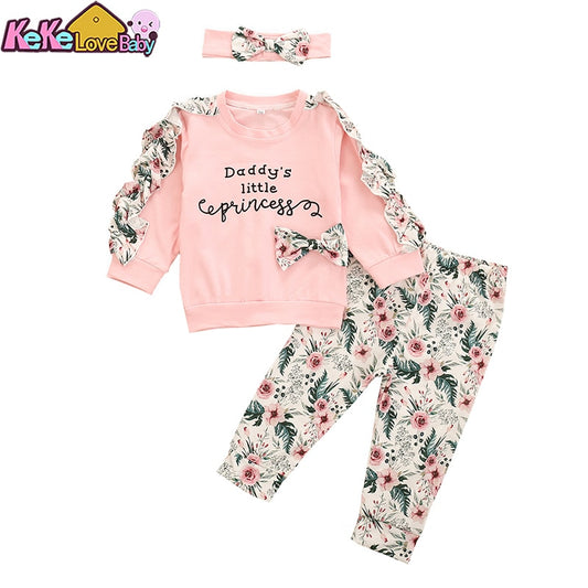 3pcs Infant Baby Girl Clothes Newborn Autumn Long Sleeve Ruffle Cotton Tops Floral Pants Headband Clothing Outfit Set Fall 0-24M