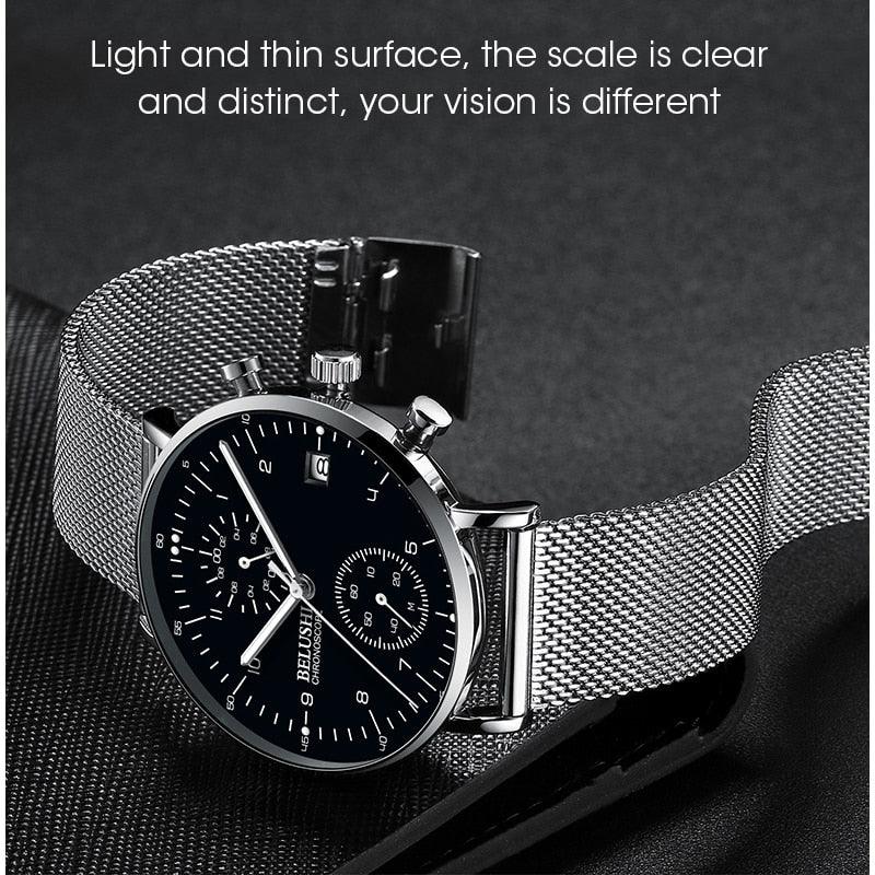 BELUSHI Fashion Men&#39;s Watches Top Brand Luxury Ultra-Thin Mesh Steel Sport Quartz Watch Men Waterproof Clock Relogio Masculino