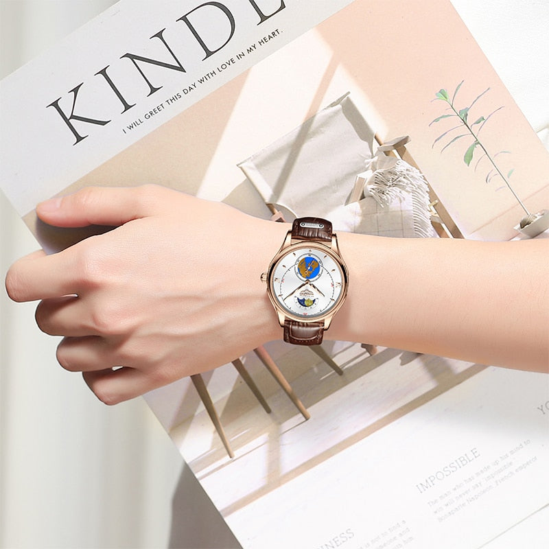 LIGE Top Brand Luxury Women&#39;s Watches Ultra-Thin Casual Quartz Watch Waterproof Moon Leather Watches For Women Relogio Feminino
