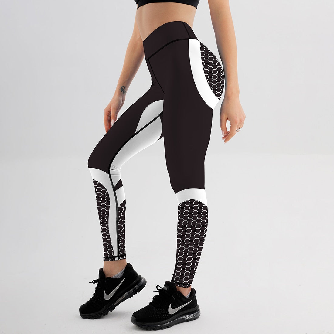 Mesh Pattern Print Leggings fitness Leggings For Women Sporting Workout Leggins Elastic Slim Black White Pants Trousers Fitness