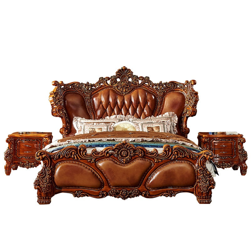European-style Luxury Villa 2 Meters Wide Bed Solid Wood Carved First Layer Cowhide Luxury Hotel Bed Frames Queen Size