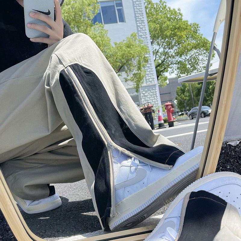 Fashion Side Zipper Casual Wide Leg Pants Khaki/Black Men 2022 Spring Streetwear Loose Straight Pant Mens Patchwork Trousers