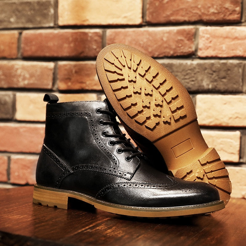 DESAI Chelsea Upgraded Zipper Men&#39;s Brock Boots Carved Business British Style Men&#39;s Shoes Genuine Leather Boots Men Ankle Boots