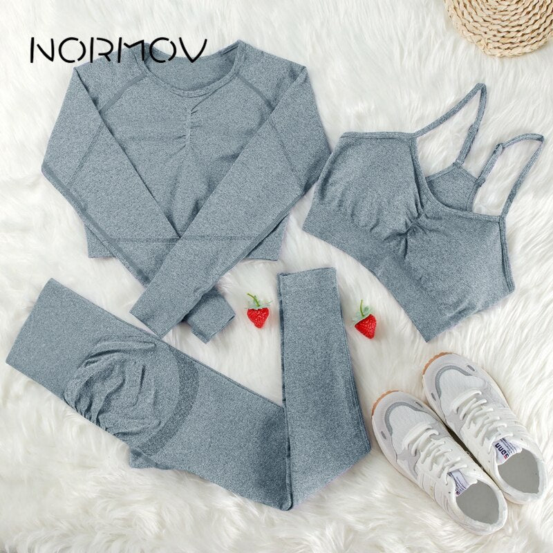 NORMOV Yoga Sets 2/3/4 Pieces Sports Seamless Fitness Suits Gym Sexy Sets 2021 Long Short Women Set Workout Sportswear