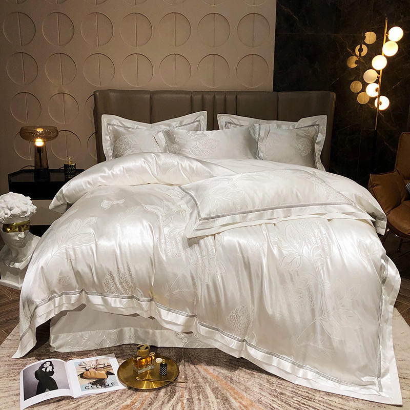 Sliver Gold Luxury Silk Satin Jacquard duvet cover bedding set queen king size Embroidery bed set bed sheet/Fitted sheet set