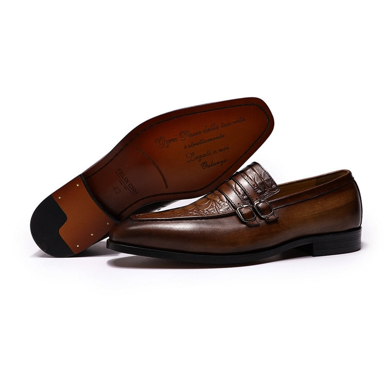 FELIX CHU Casual Business Men&#39;s Dress Shoes Genuine Leather Crocodile Print Brown Party Wedding Mens Loafers With Double Buckles