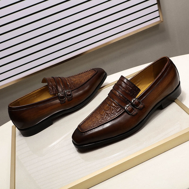 FELIX CHU Casual Business Men&#39;s Dress Shoes Genuine Leather Crocodile Print Brown Party Wedding Mens Loafers With Double Buckles
