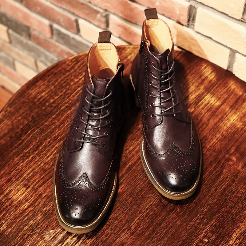 DESAI Chelsea Upgraded Zipper Men&#39;s Brock Boots Carved Business British Style Men&#39;s Shoes Genuine Leather Boots Men Ankle Boots