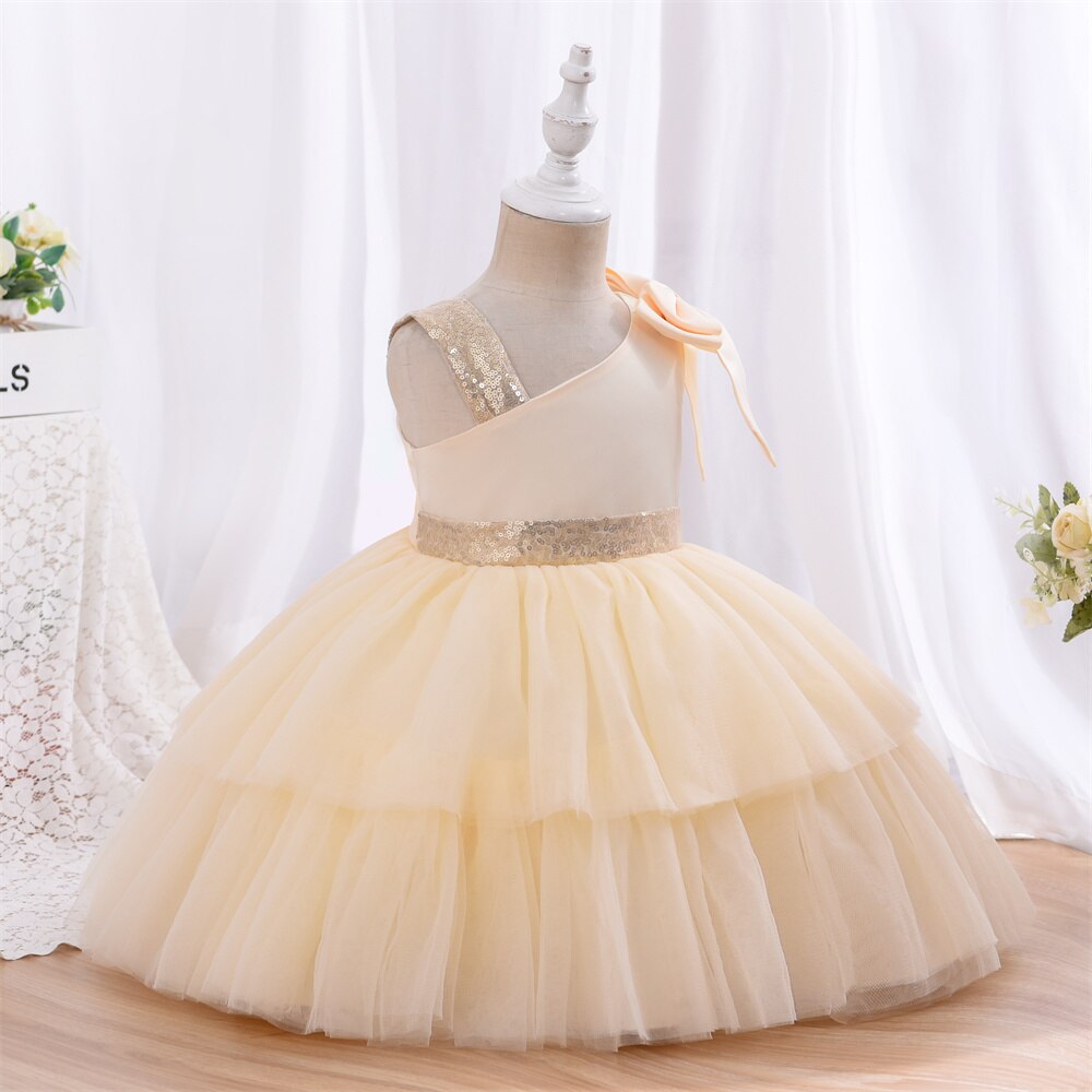 Yoliyolei Fashion Tulle Layers Flower Girl Dresses Red Champagne Gold Waist Belt Shoulderless Baby Casual Dress for Girls