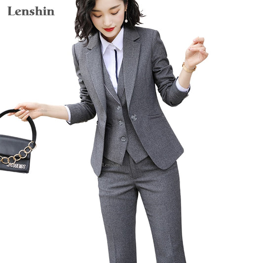 Lenshin Women Quality Suit Set Office Ladies Work Wear Women OL Pant Suits Formal Female Blazer Jacket  Vest trousers 3 Pieces