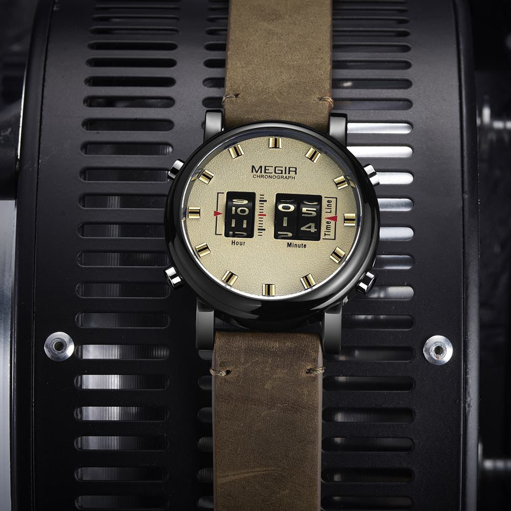 MEGIR Fashion Men&#39;s Roller Design Business Clock Men Quartz Watch Leather Waterproof Casual Sport Mens Watches Relogio Masculino