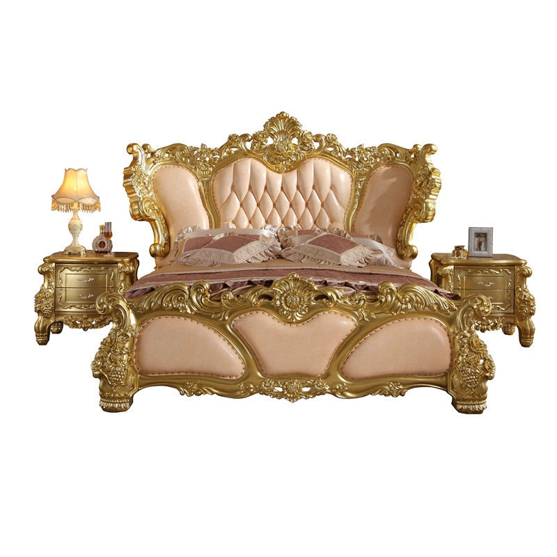 European-style Luxury Villa 2m Big Bed Solid Wood Carved First Layer Cowhide Luxury Hotel Bed Queen Size Bed Frame and Mattress