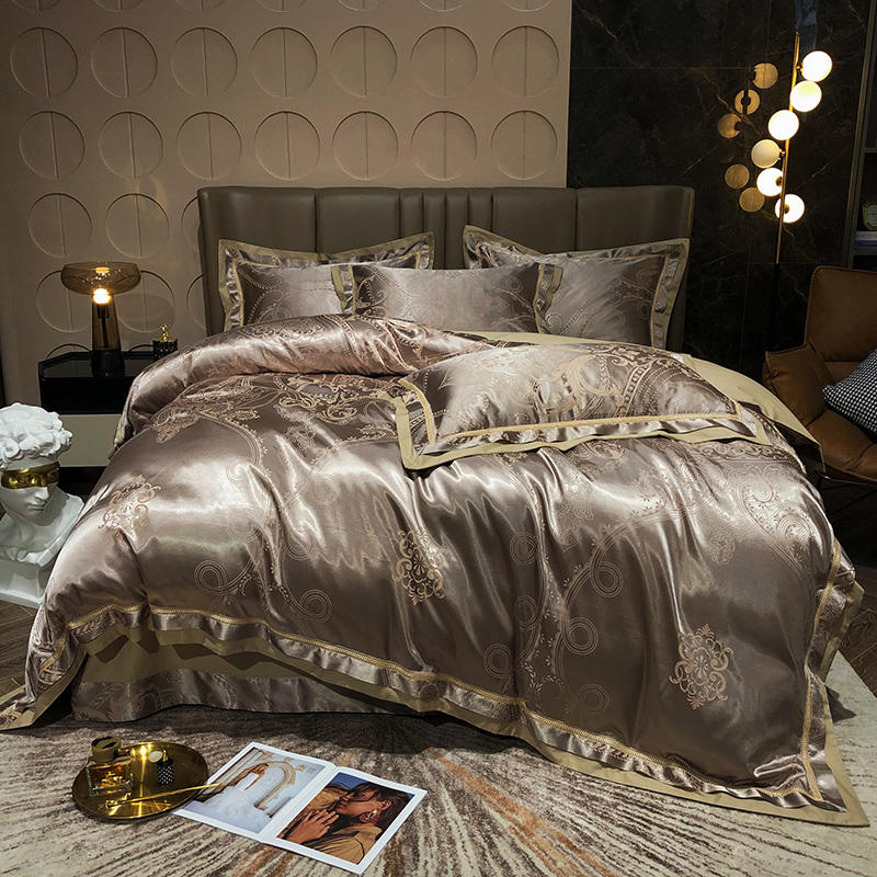 Sliver Gold Luxury Silk Satin Jacquard duvet cover bedding set queen king size Embroidery bed set bed sheet/Fitted sheet set