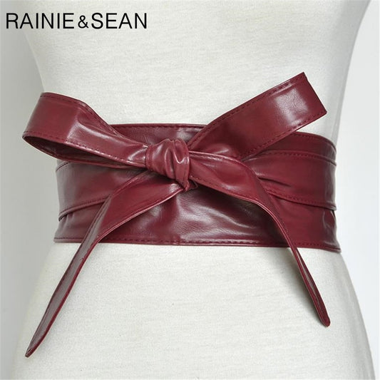 RAINIE SEAN Women Belt Leather Cummerbunds For Women Burgundy Belt For Coat Bow Self Tie Wrap Brand Ladies Fashion Belt