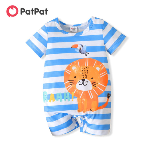 PatPat Baby Boy Cartoon Lion Print Blue Striped Short-sleeve Romper