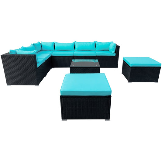 9-piece Outdoor Patio PE Wicker Rattan conversation Sectional Sofa sets removable soft cushions Black wicker, Beige/blue cushion