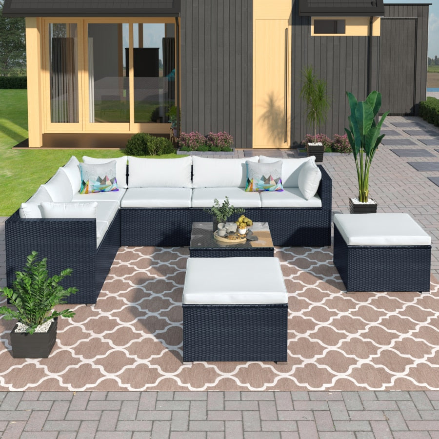 9-piece Outdoor Patio PE Wicker Rattan conversation Sectional Sofa sets removable soft cushions Black wicker, Beige/blue cushion