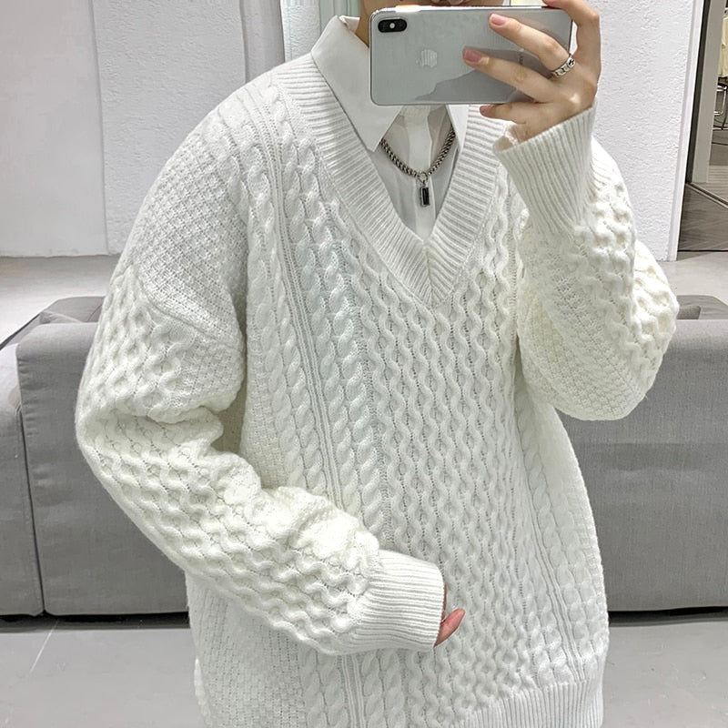 High Quality Autumn Winter Twist Knitted Sweater Men Clothing Simple V-neck Casual Daily Pullovers Loose Homme Streetwear