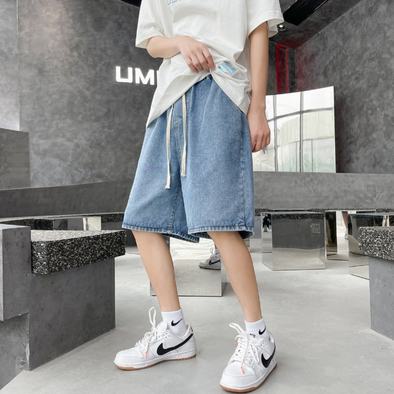 Men&#39;s Denim Shorts 2023 Summer New Korean Street Loose Straight Leg Wide Leg Shorts Retro Baggy Casual Shorts Black White Blue