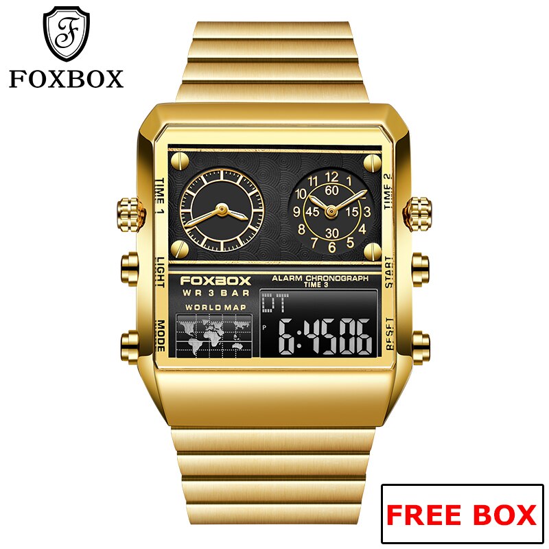 FOXBOX Luxury Gold Watches For Men Casual Sports Chronograph Quartz WristWatch Waterproof Watches Digital Clock New reloj hombre