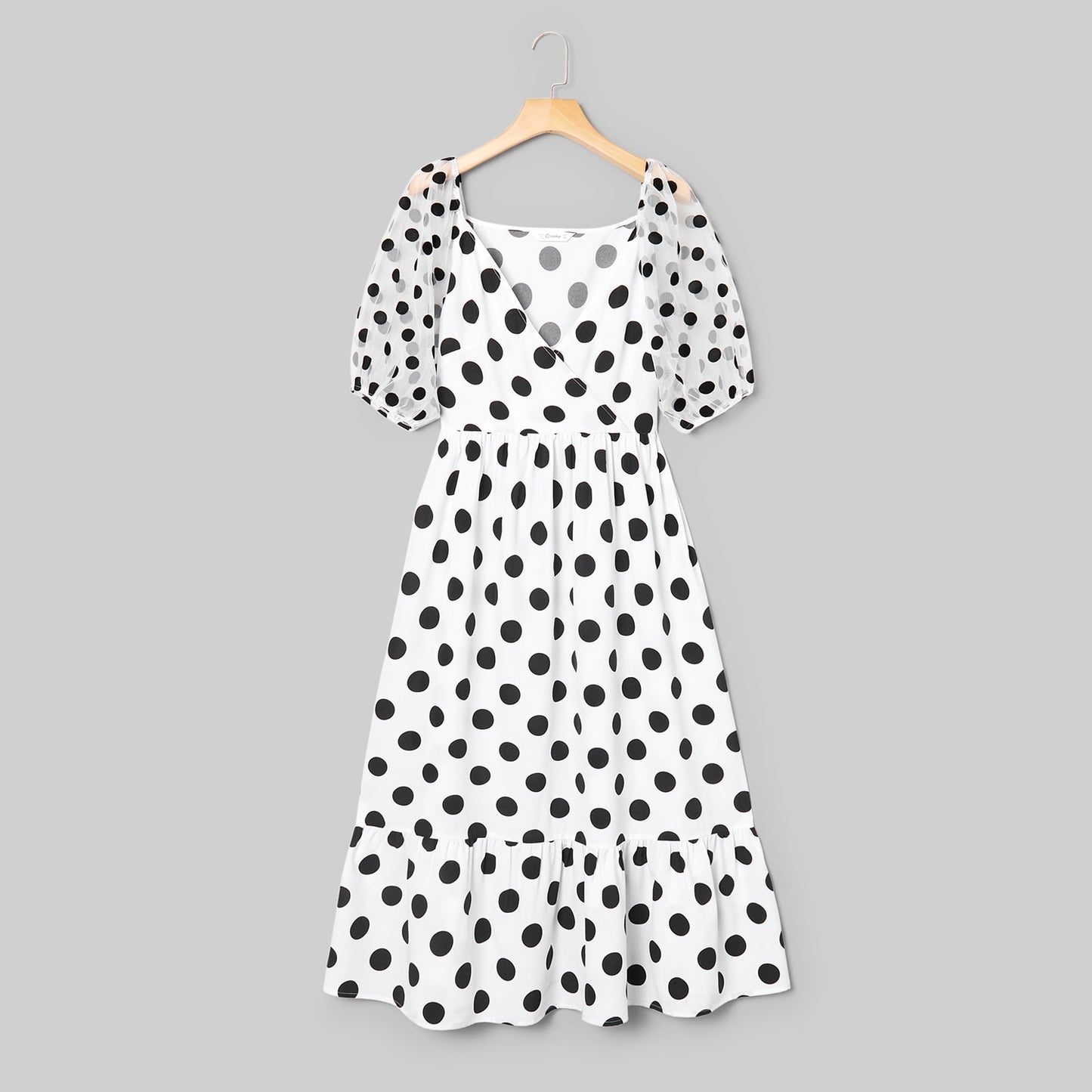 PatPat Black &amp; white Polka Dot Cross Slant V-neck Mesh Puff Sleeves Ruffle Skirt Matching Midi Dresses for Mother and Daughter