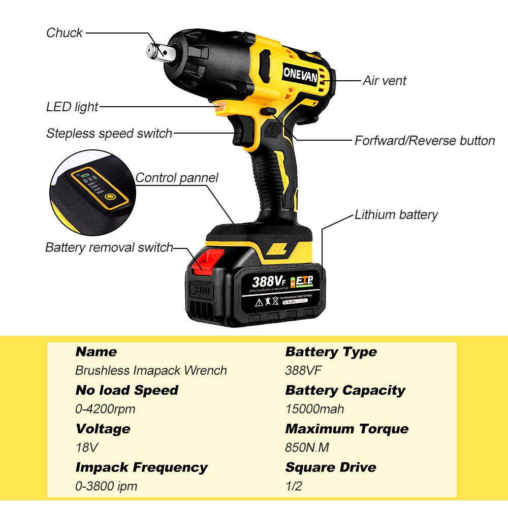 850 N.M 388VF Brushless Electric Impact Wrench 1/2&quot; with 2x2000mah Lithium-Ion Battery 3 Gears Adjustable For Makita 18V Battery