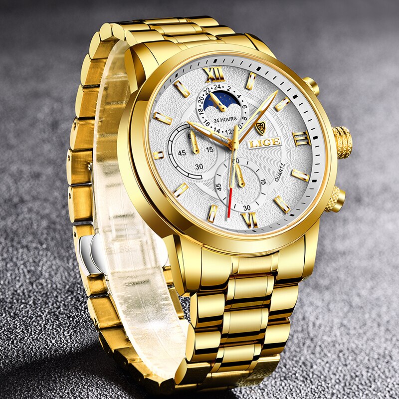 2023 LIGE Business Gold Watch For Men Luxury Original Waterproof Stainless Steel Golden Male Wristwatches Relogio Masculino 2022