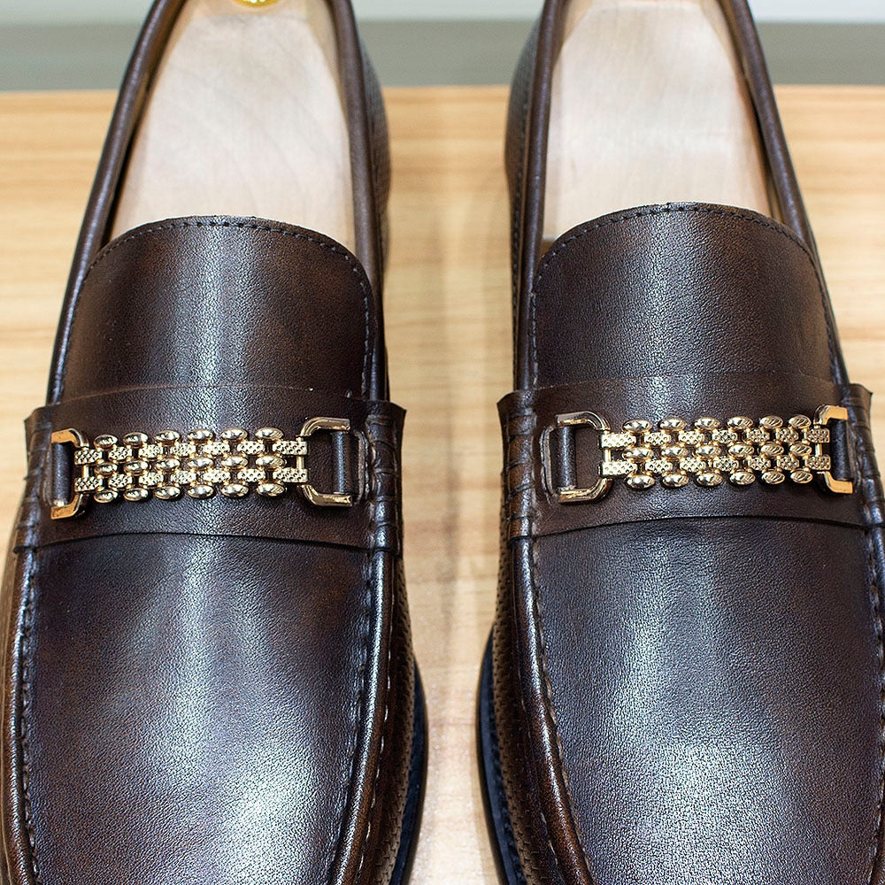 Men&#39;s Loafers Genuine Leather Classic Metal Chain Slip-On Casual Business Dress Shoes Comfortable Party Wedding Footwear for Men