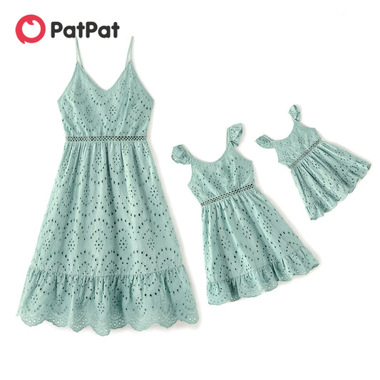 PatPat 100% Cotton Solid Hollow Out Textured V Neck Spaghetti Strap Dress for Mom and Me
