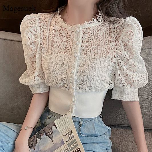 Summer O-neck Blouse Women Korean Hollow Lace White Shirt  2023 Casual Short Sleeve Button Loose Clothes Solid Female Tops 13607