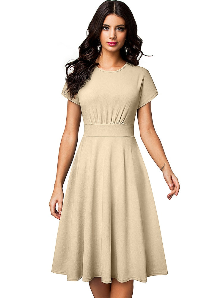 Nice-forever Vintage Elegant Floral Print Pleated Round neck vestidos A-Line Pinup Business Party Women Flare Swing Dress A102