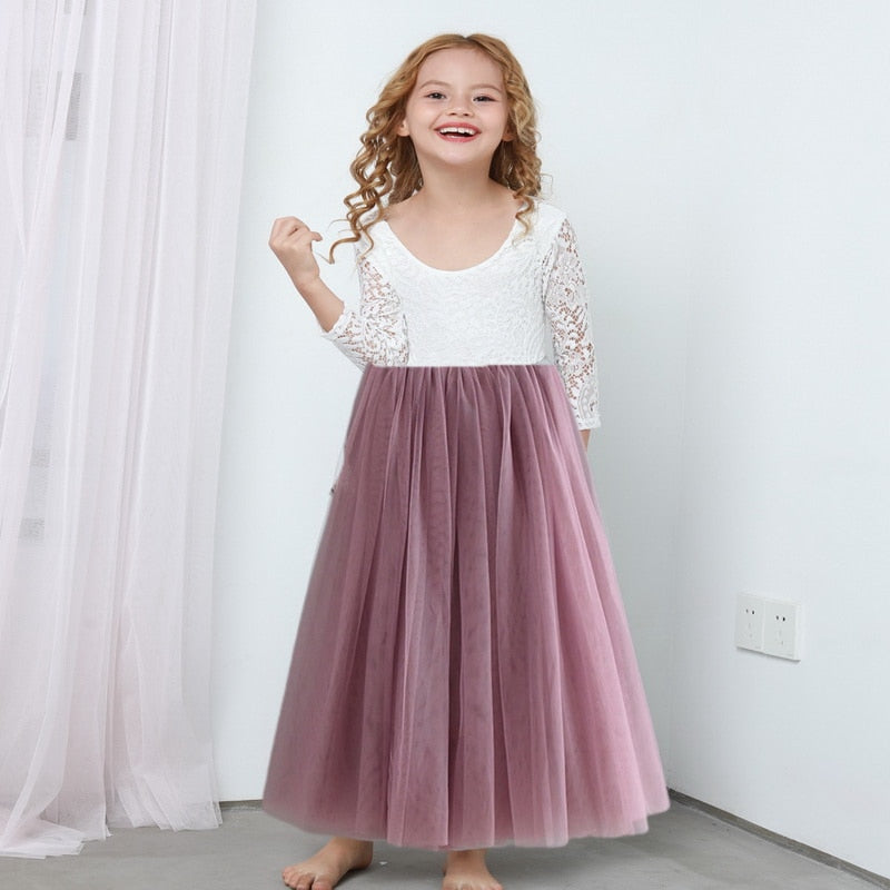 Princess Dress for Girls Ankle Length Wedding Party Dress Eyelash Back White Lace Beach Dress Children Clothing E15177