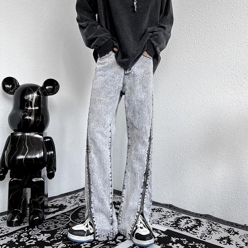 Fashion Zipper Trousers Blue Jeans Men 2022 Autumn New High Street Straight Denim Neutral Casual Jean Pants Male Vintage Gray