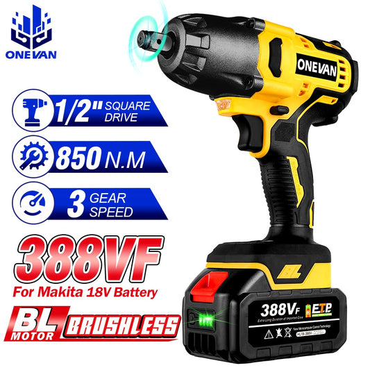 850 N.M 388VF Brushless Electric Impact Wrench 1/2&quot; with 2x2000mah Lithium-Ion Battery 3 Gears Adjustable For Makita 18V Battery