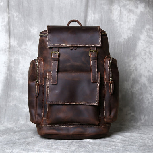 NZPJ Retro Genuine Leather Men&#39;s Backpack First Layer Leather Travel Backpack Large Capacity Natural Cowhide  Laptop Bag