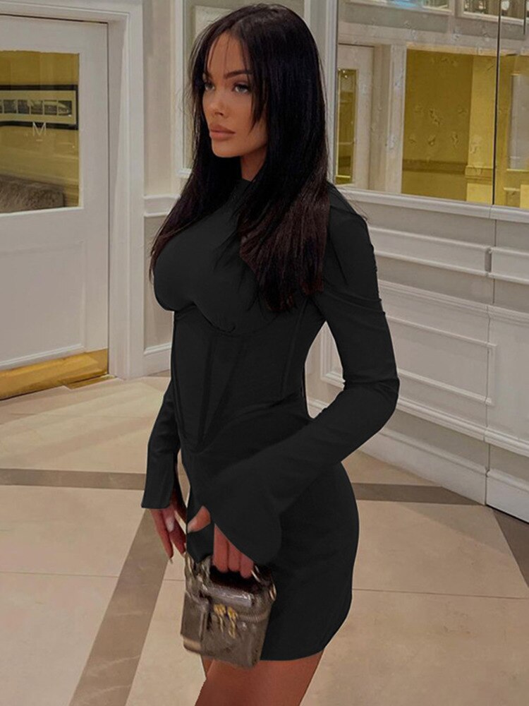 JULISSA MO Women Illusion Bodycone Mini Dress O-Neck Split Flare Sleeve Wrap Skirt Solid Slim Bodycon Summer New Partywear