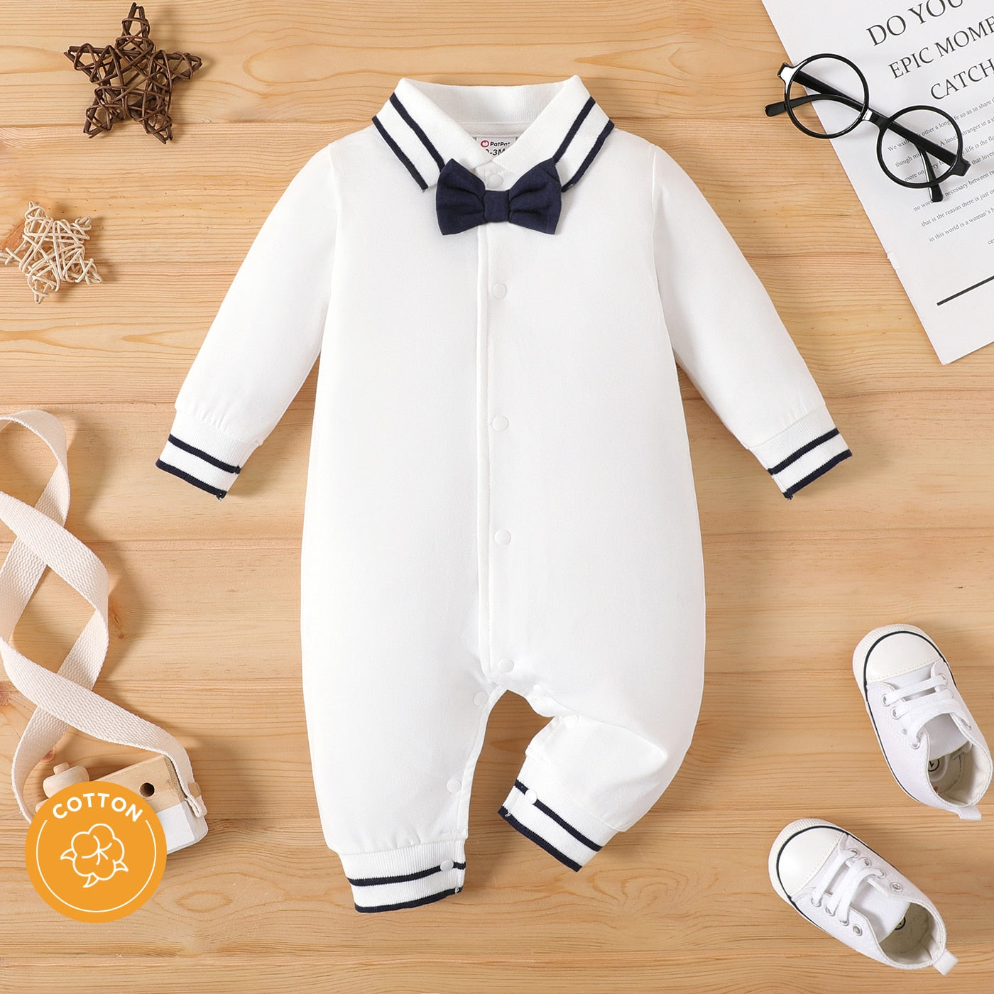 PatPat Baby Boy 95% Cotton Polo Neck Long-sleeve Gentleman Bow Tie Jumpsuit