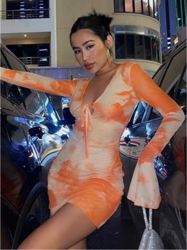 JULISSA MO Print V-neck Bandage Long Sleeve Mini Dress For Women Summer Sexy Beach Holiday Party Club Outfit Ladies Sundress