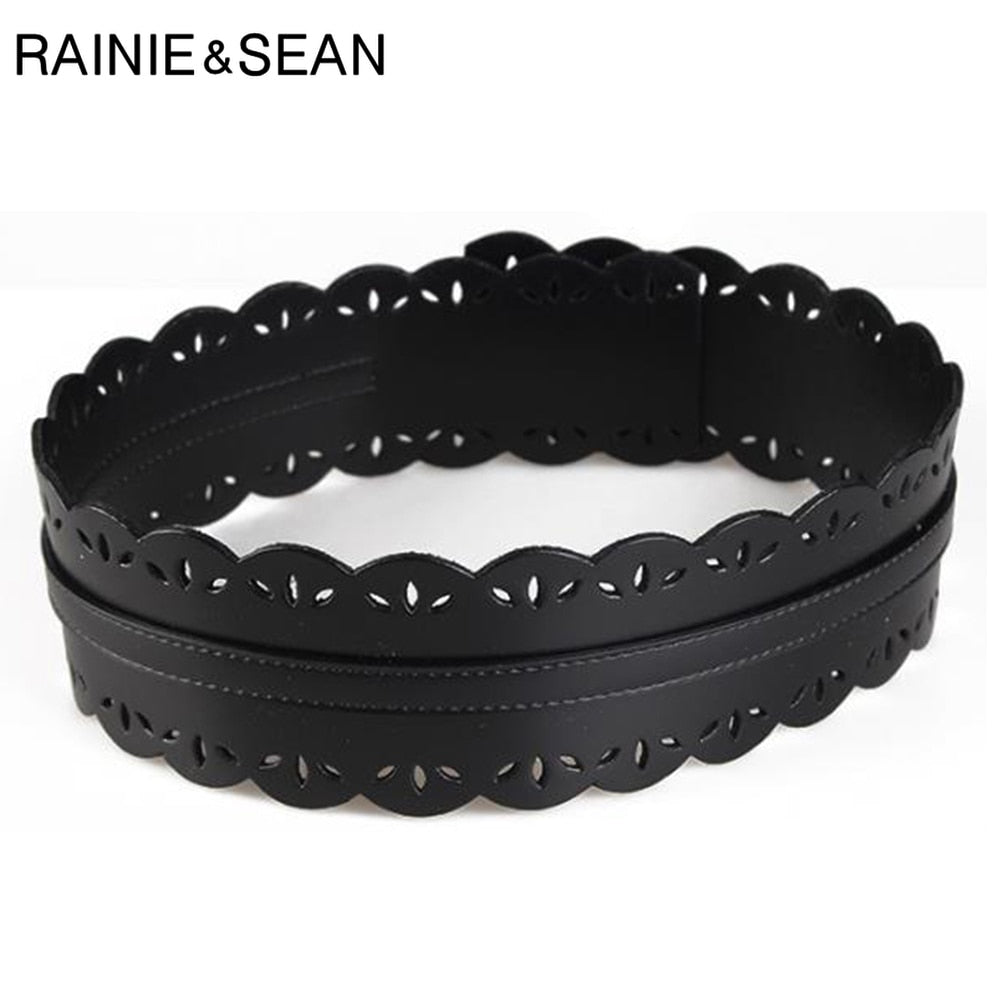 RAINIE SEAN Leather Cummerbund Women Elegant Wide Solid Wine Red Belt Cummerbunds Female Corset Ladies Broadband Waist Belts