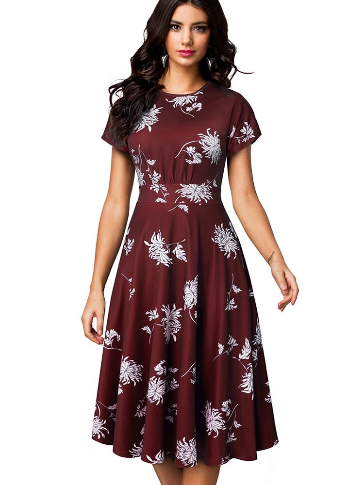 Nice-forever Vintage Elegant Floral Print Pleated Round neck vestidos A-Line Pinup Business Party Women Flare Swing Dress A102