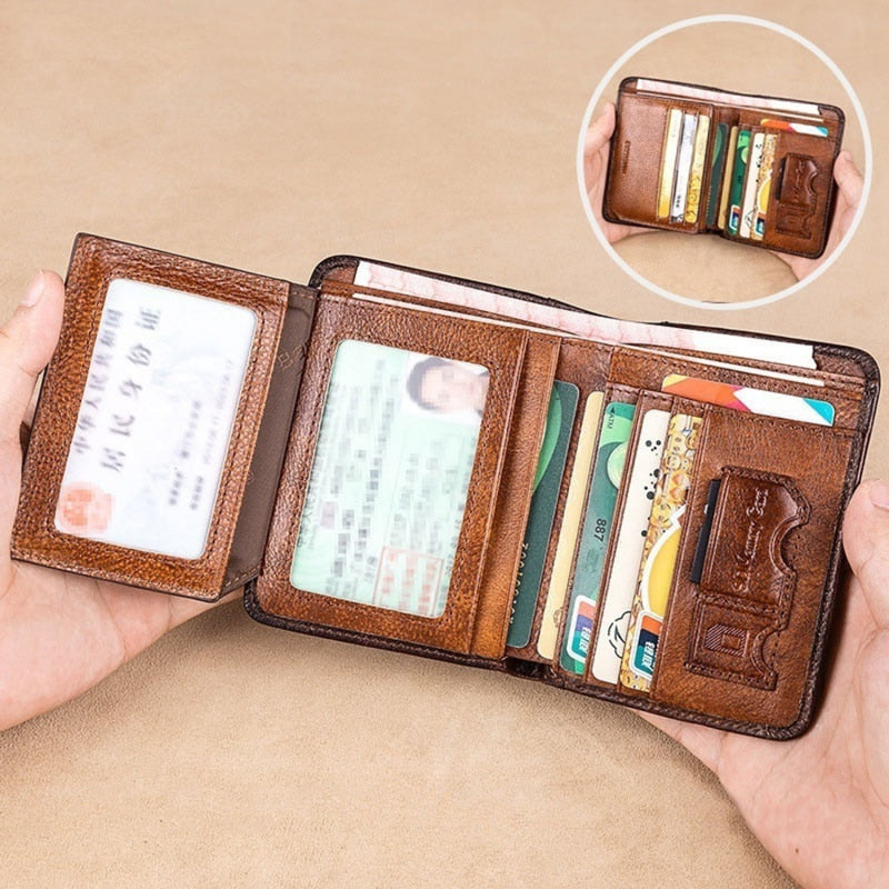 Men Wallet Genuine Leather Trifold Wallet Vintage Thin Short Multi Function ID Credit Card Holder Male Purse Money Small bag