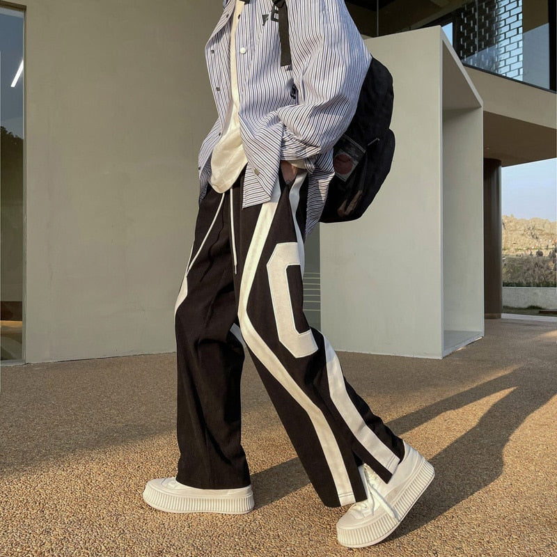 Men Spring Fashion Patchwork Sweatpants Casual Loose Staight Trousers Mens Elastic waist Sports Pants Male Trousers White/Green